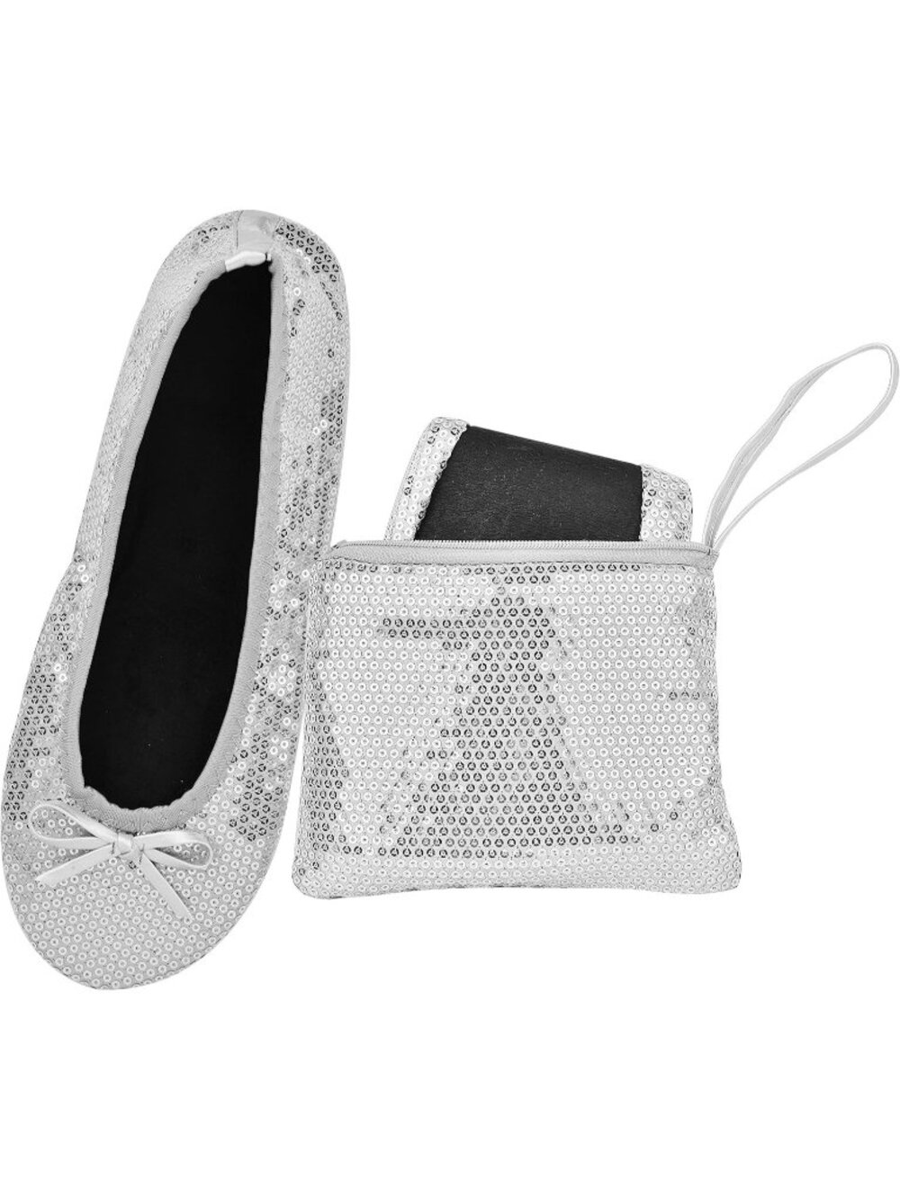 Women's Silver Sequin  Fit in Your Purse Round Toe Foldable Ballet Flat Shoes